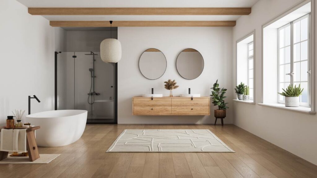 Ruime Scandinavische badkamer met een brede parketvloer, een vrijstaand bad en een minimalistisch design. Je kijkt recht naar de typische ronde spiegels.